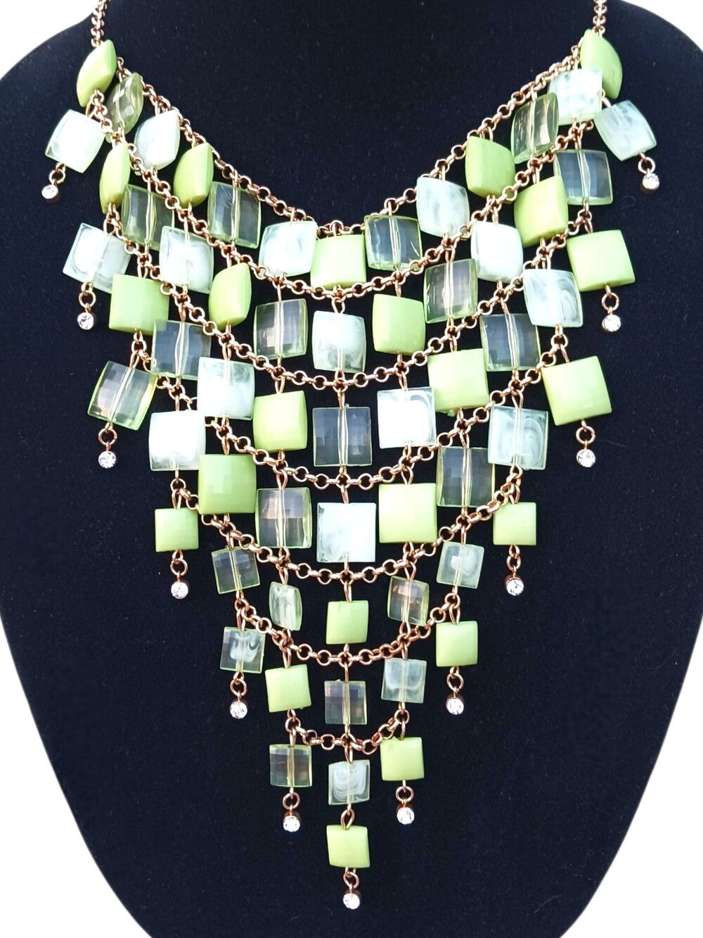Chunky Gold Tone Bib Statement 20" Waterfall Necklace Shades Of Green Squares - Picture 2 of 3